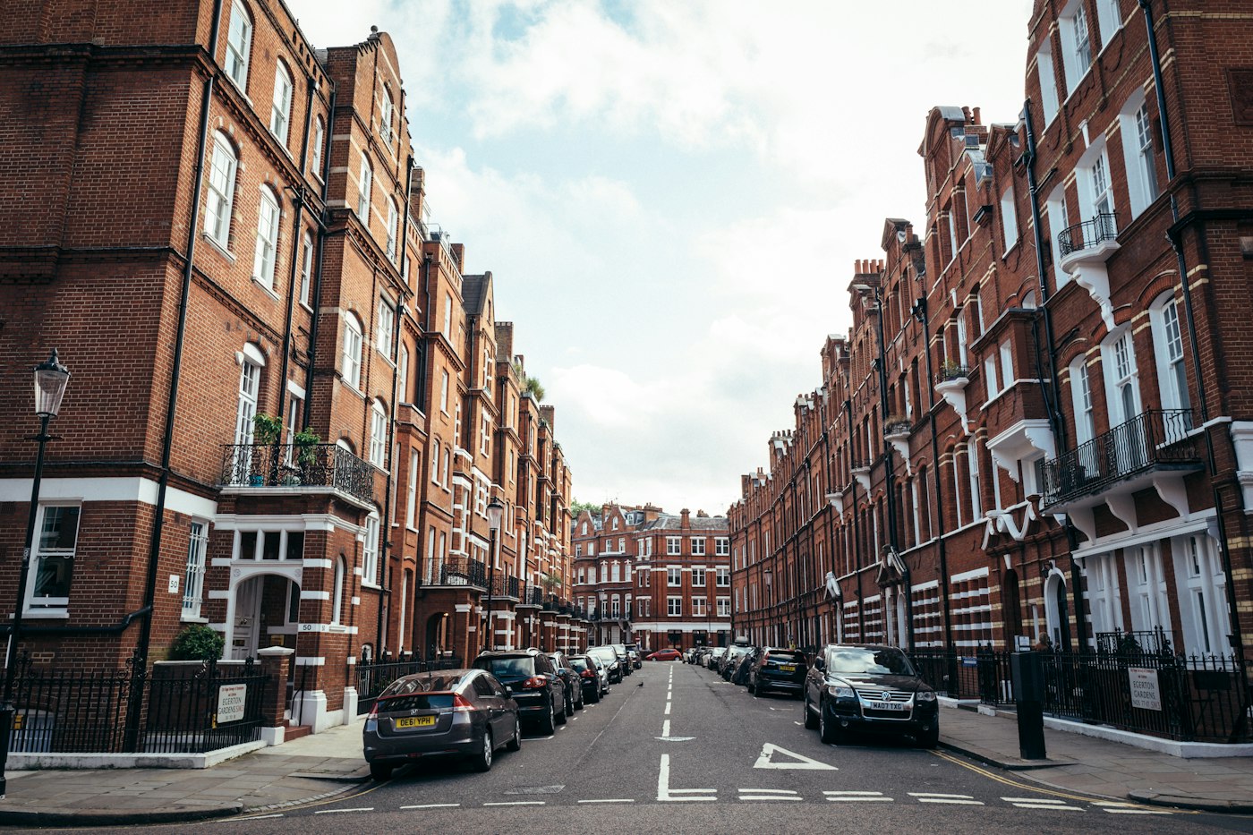 A London street of red-brick mansion blocks